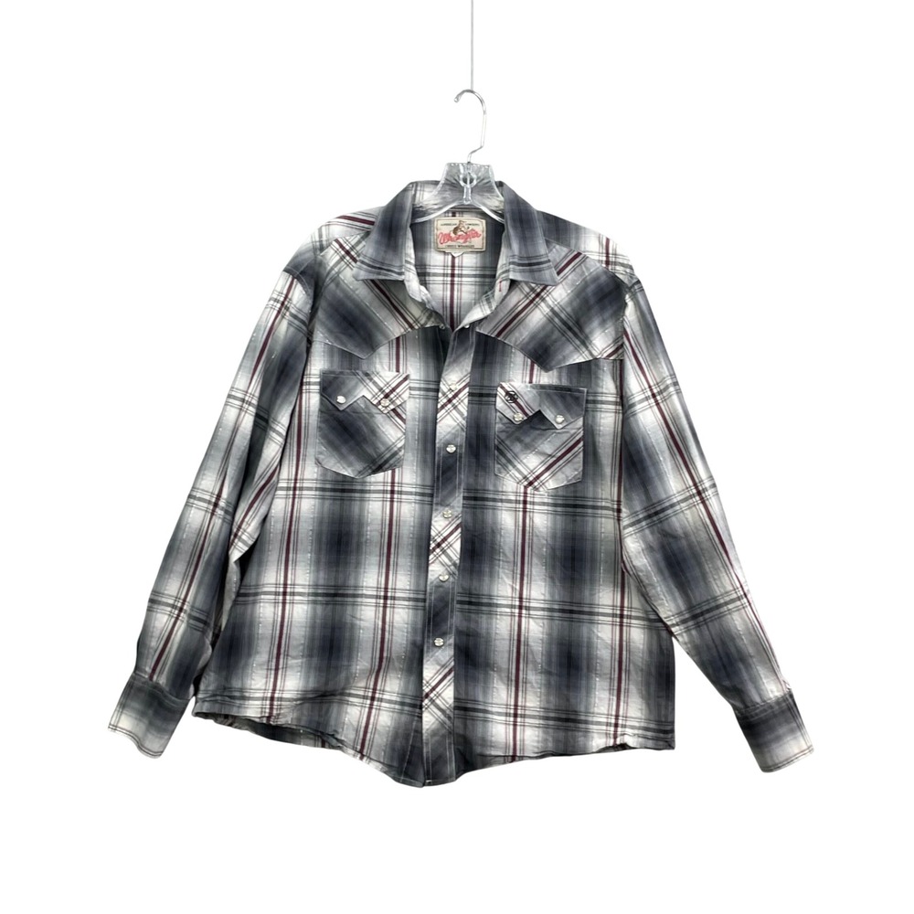 Wrangler Western Shirt Mens Large Grey Plaid Pearl Snap Metallic Rodeo Cowboy